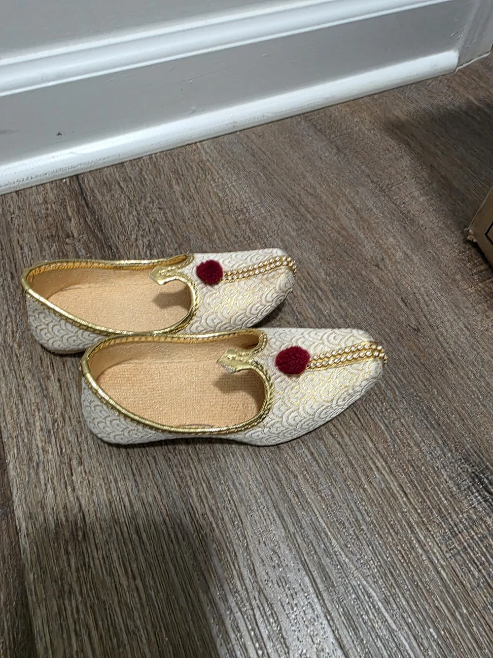 Embellished Ivory & Gold Kids Slip-On Flats with Red Pom Accent Indian